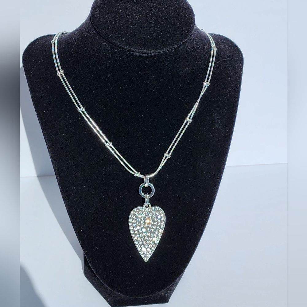 Fashion Jewelry Silver Ball Chain Necklace with Cubic Zirconia Heart Pendant - Picture 2 of 5